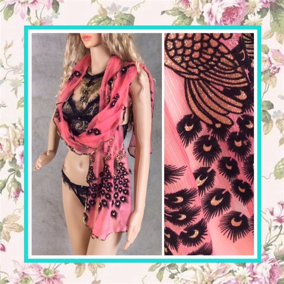🎀 PEACOCK EMBROIDERED SCARF LONG WRAP BOHO CHIC PRETTY PINK VINTAGE DESIGNER - Picture 8 of 8